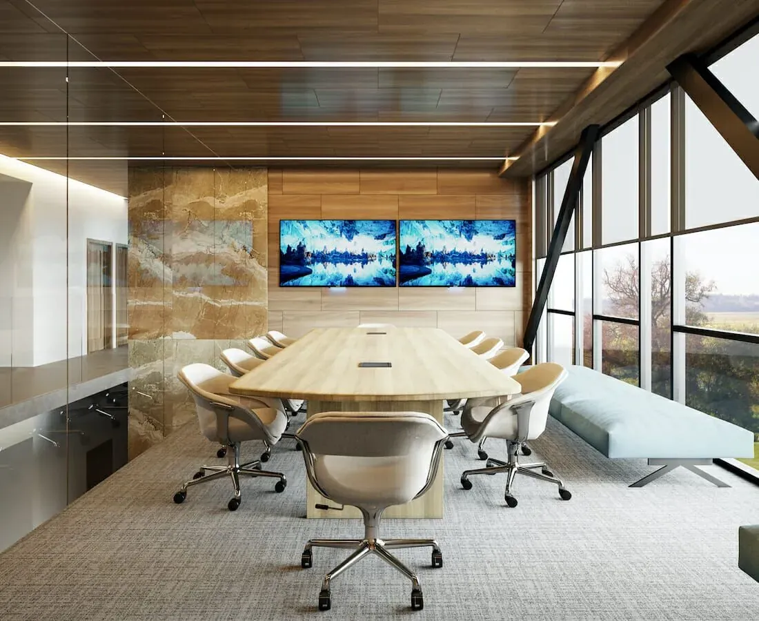 Boardroom with a wood ceiling, stone wall and a glass curtain wall